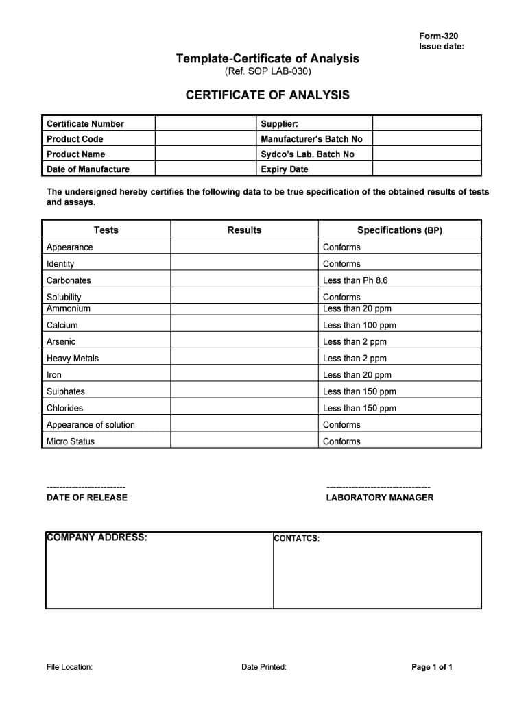 Certification Of Analysis Template – Fill Online, Printable Pertaining To Certificate Of Analysis Template