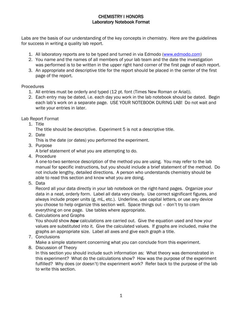 Chemistry I Honors Lab Report Format Throughout Chemistry Lab Report Template