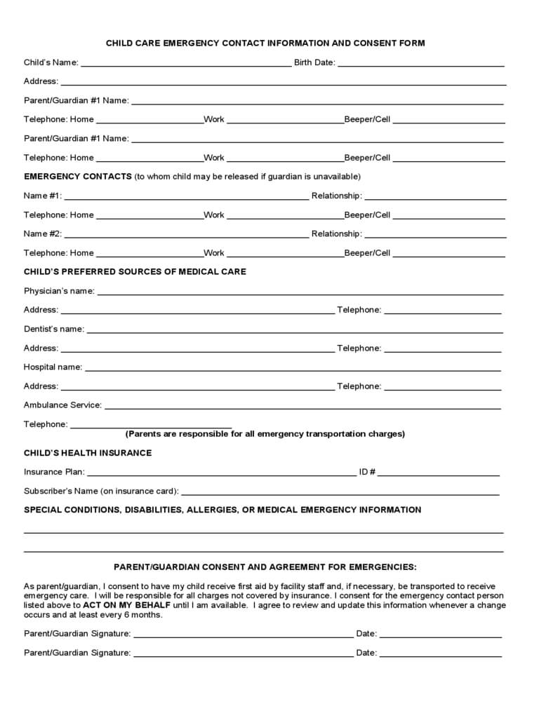 Child Care Emergency Contact Form 2 Free Templates In Intended For Emergency Contact Card Template