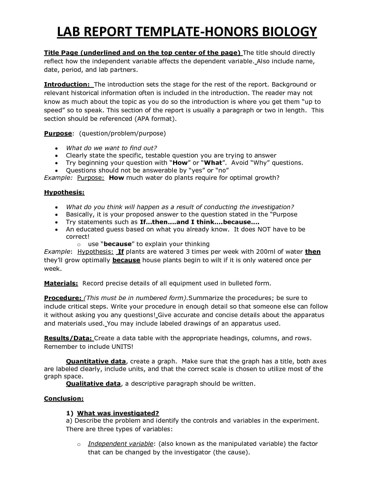 Chs Hbio Lab Report Template | Biology | Lab Report Template For Biology Lab Report Template