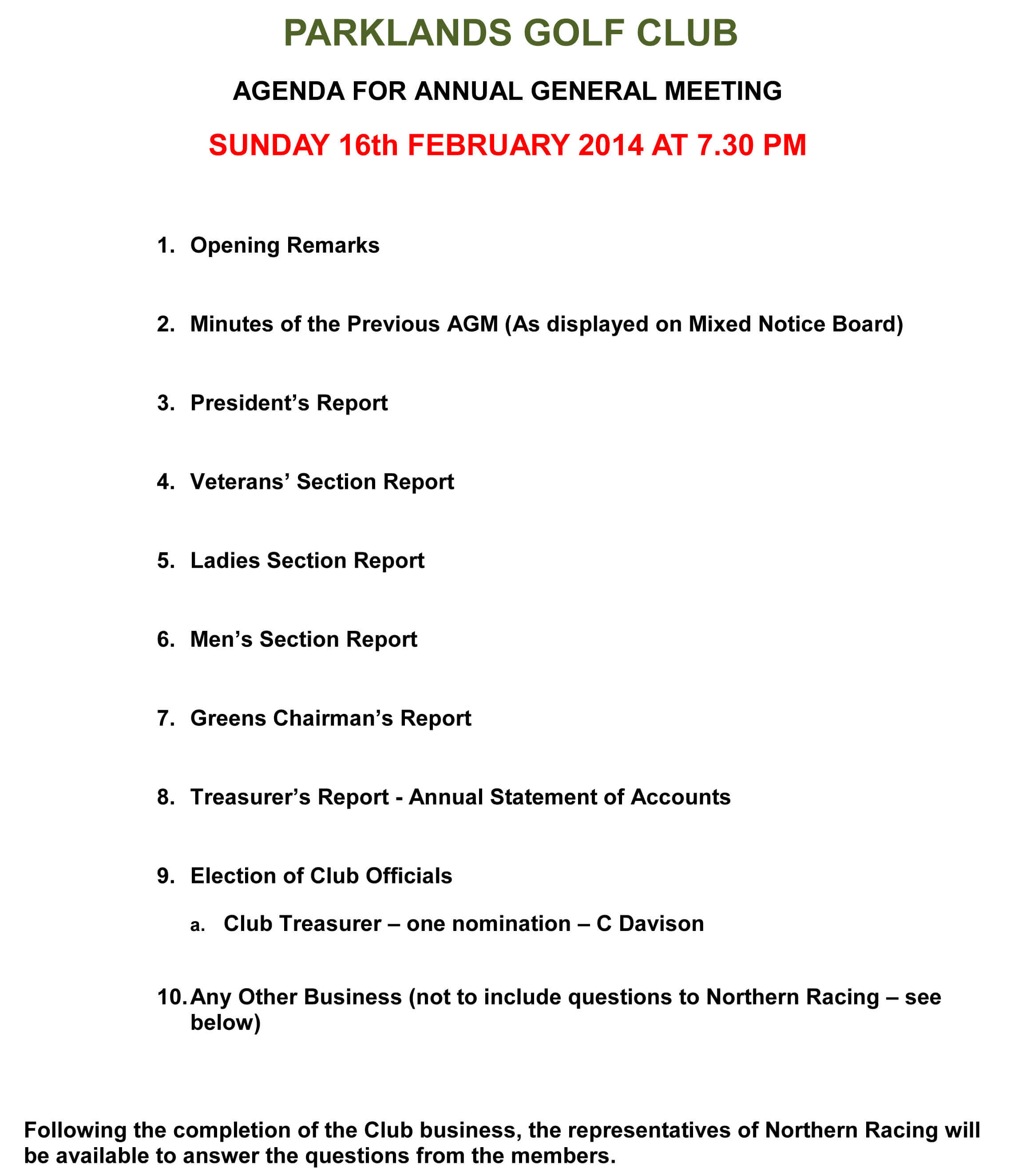 Club Agm – Sunday 16Th February 2014 | Parklands Golf Club Pertaining To Treasurer's Report Agm Template