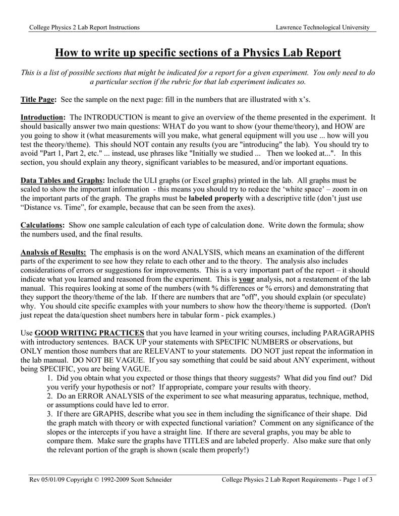 College Physics 2 Lab "lab Report Instructions" In Physics Lab Report Template