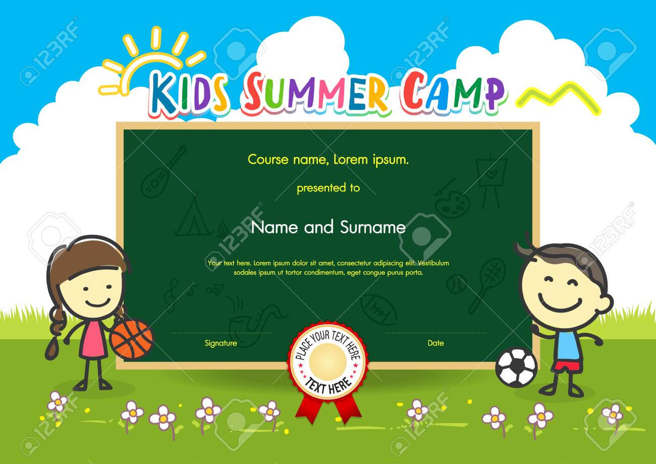 Colorful Kids Summer Camp Diploma Certificate Template In Cartoon.. Pertaining To Summer Camp Certificate Template