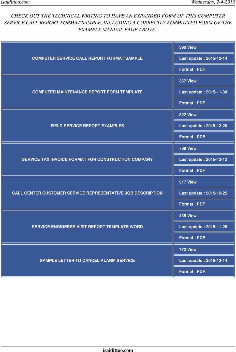 Computer Service Call Report Format Sample – Pdf For Computer Maintenance Report Template