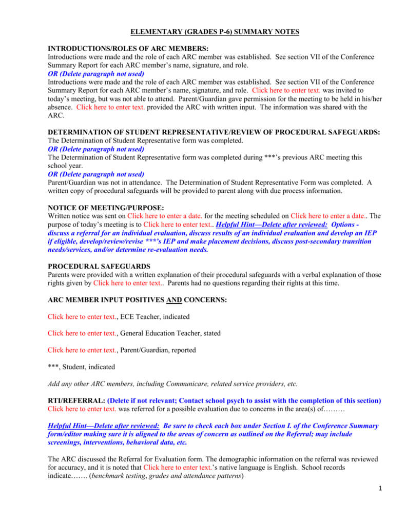 Conference Summary Template P – 6Th Grades With Conference Summary Report Template