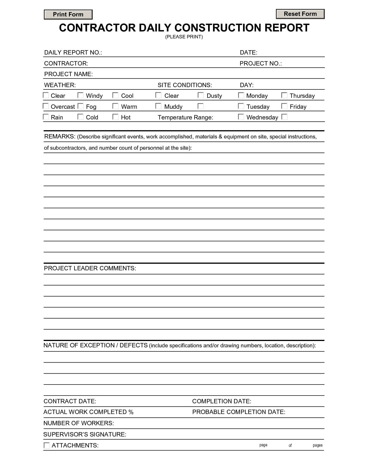 Construction Daily Report Template | Contractors | Report Regarding Equipment Fault Report Template