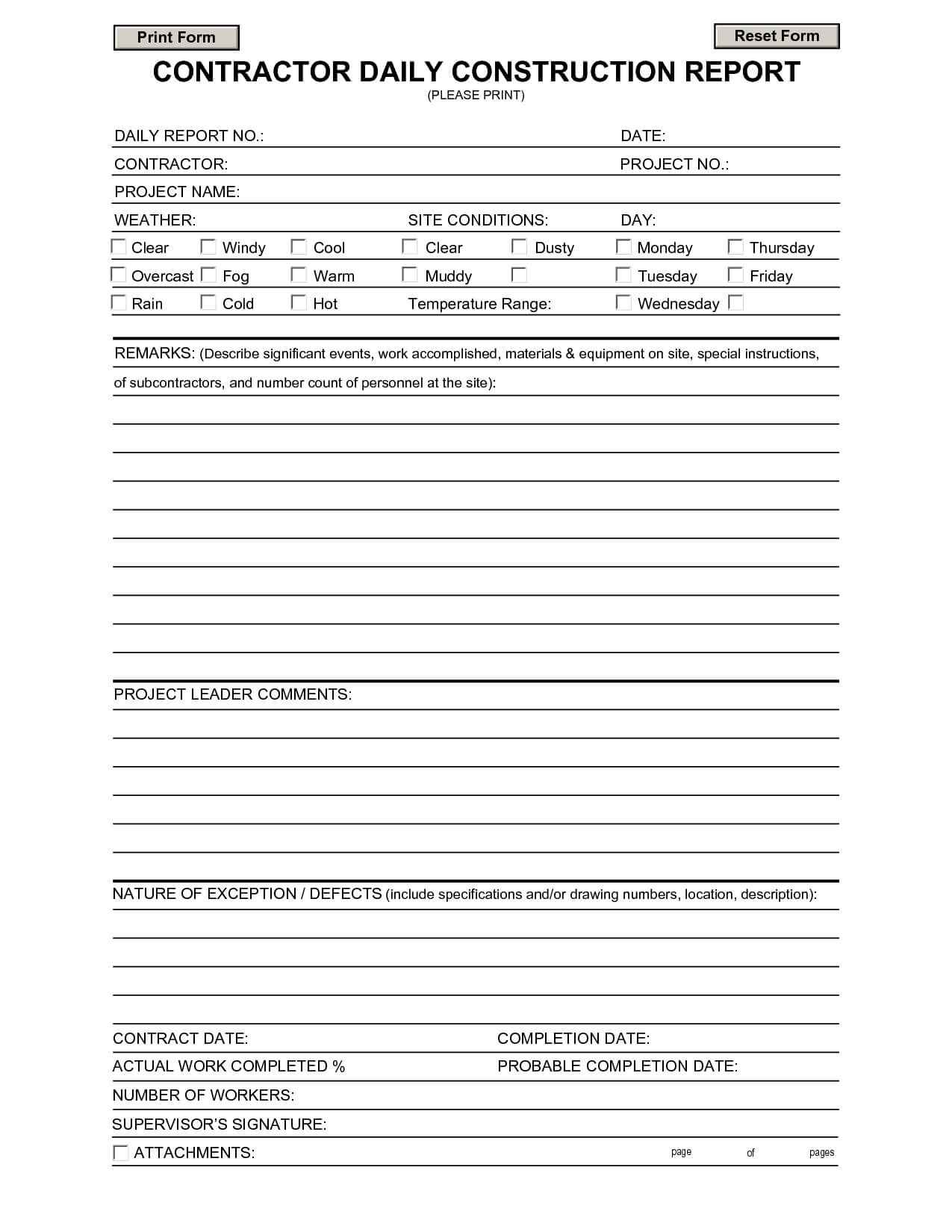 Construction Daily Report Template | Contractors | Report Throughout M&e Report Template