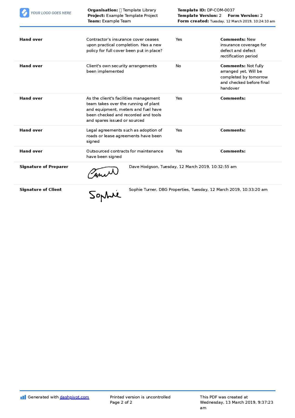 Construction Project Handover Document Sample To Use Or Copy Pertaining To Handover Certificate Template