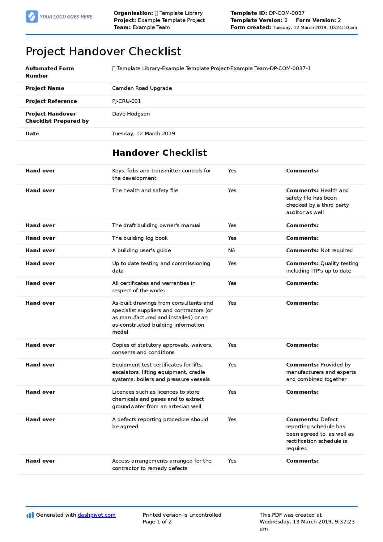 Construction Project Handover Document Sample To Use Or Copy Regarding Building Defect Report Template