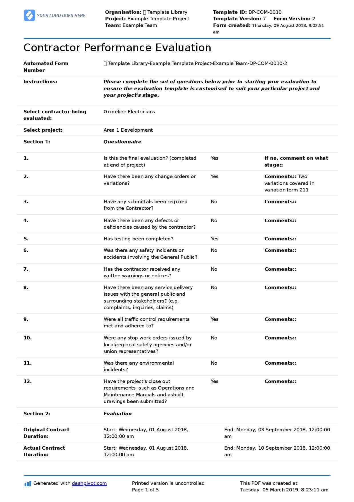 Contractor Performance Report Template: Free And Pertaining To Template For Evaluation Report