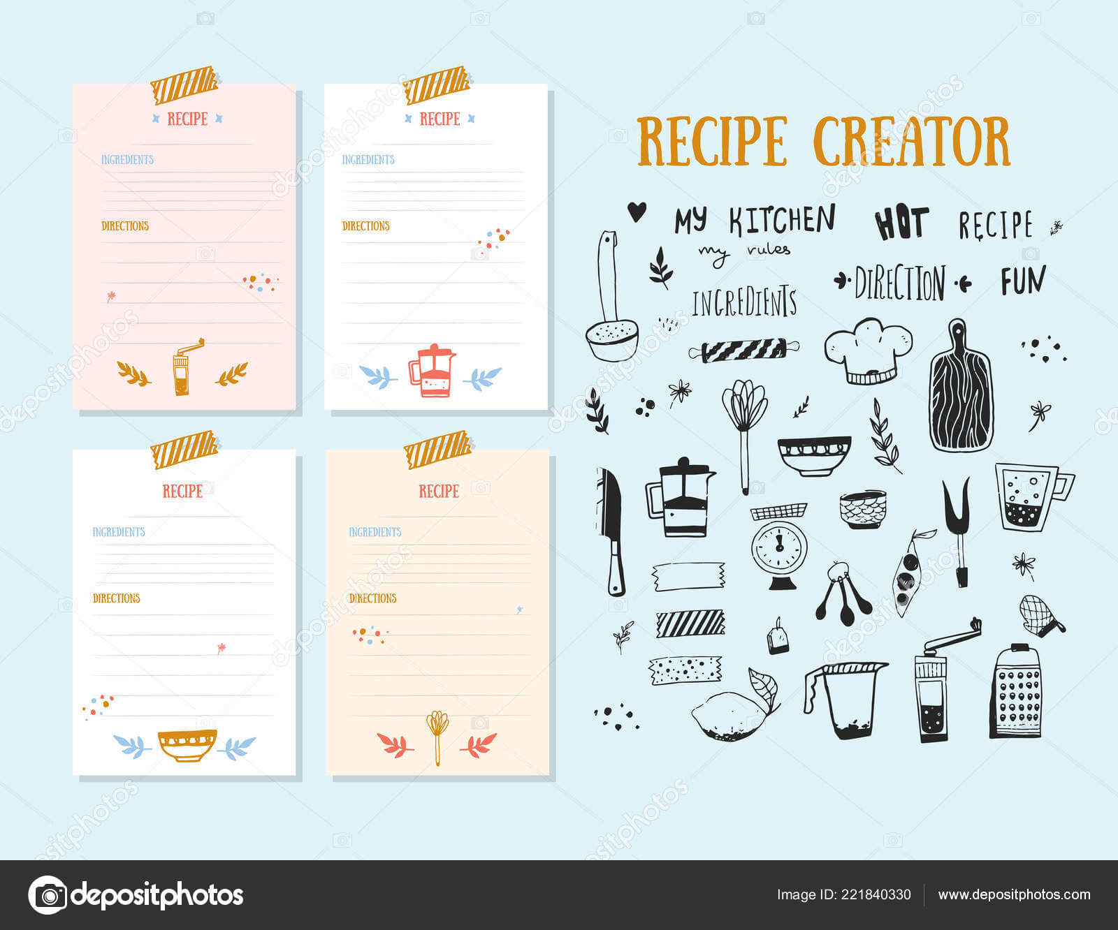Cookbook Design Template | Modern Recipe Card Template Set Inside Recipe Card Design Template