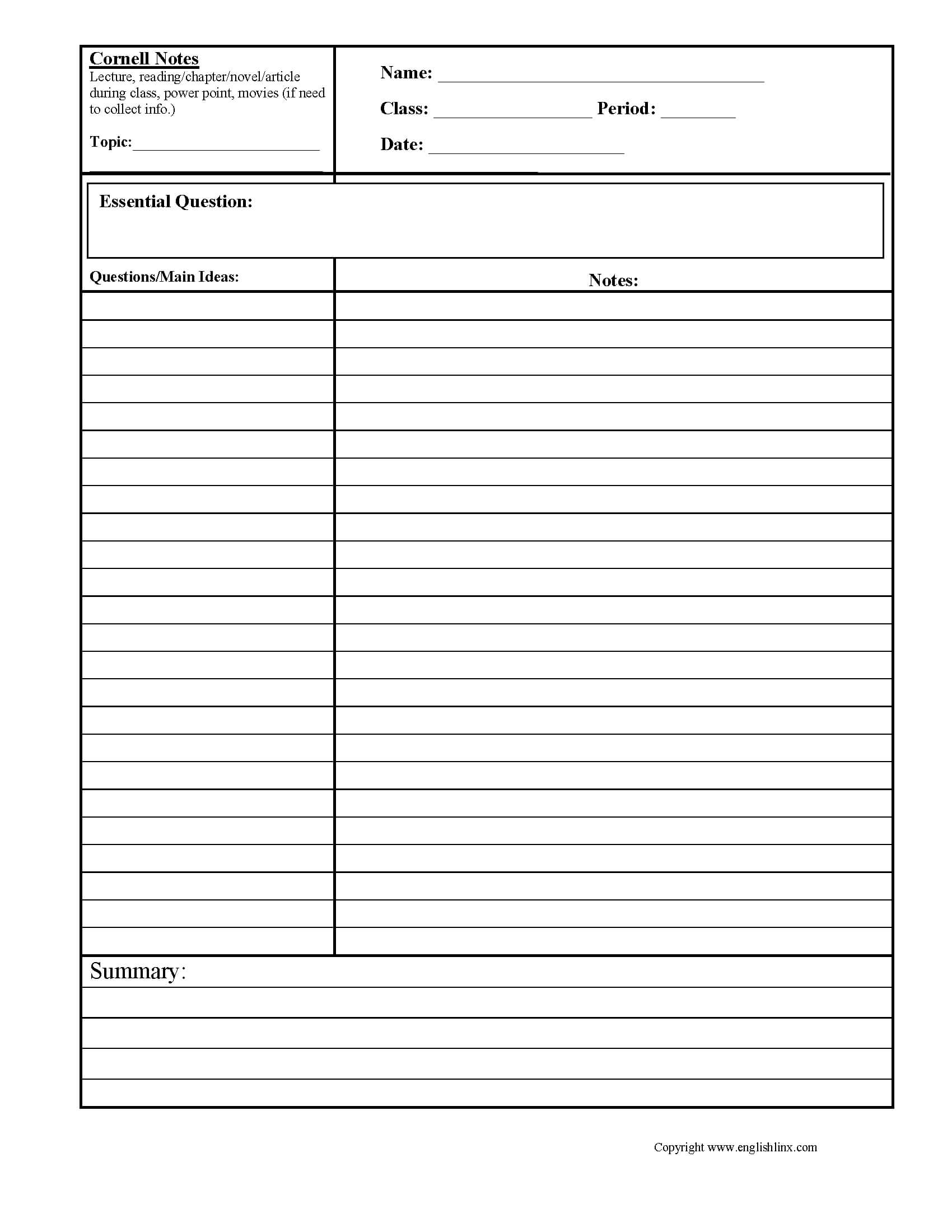 Cornell Notes Summary Worksheets | Cornell Notes Template With Note Taking Template Word
