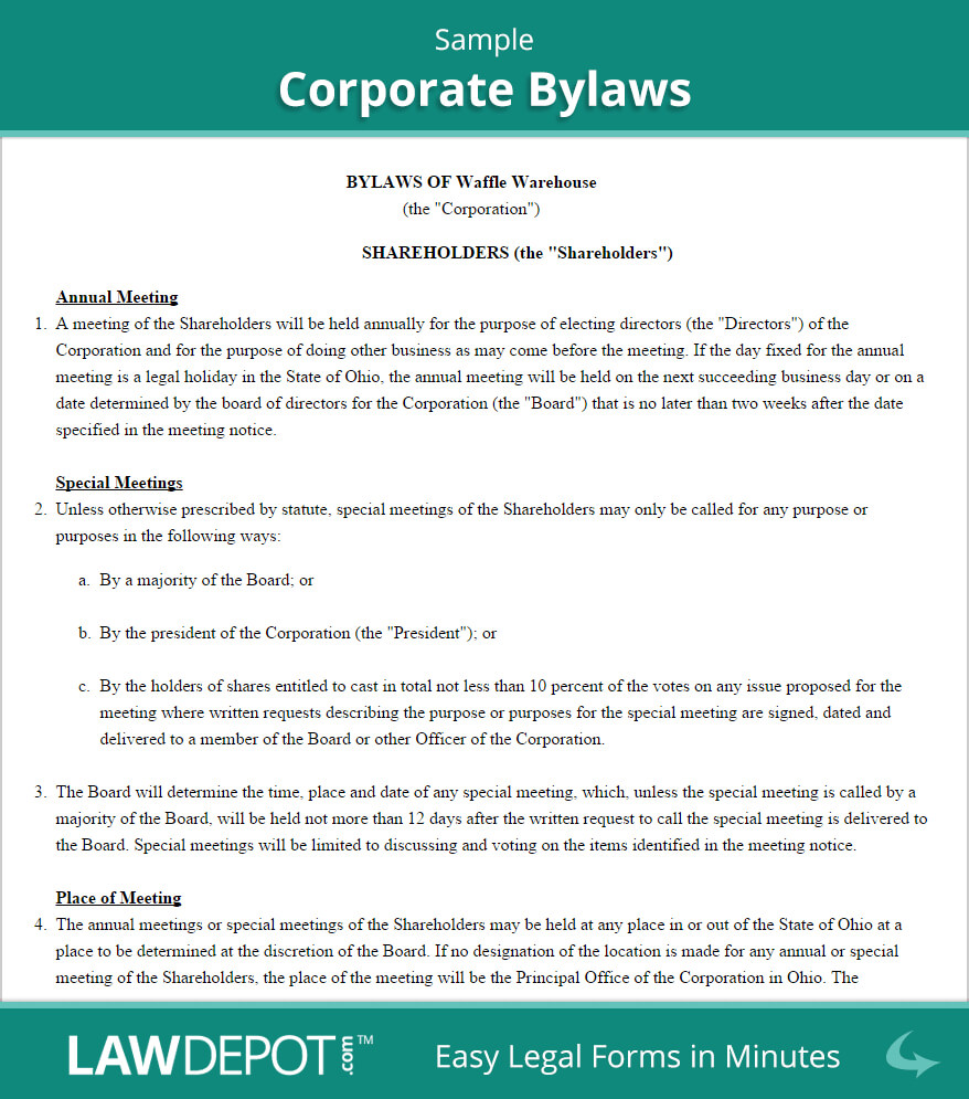 Corporate Bylaws Template (Us) | Lawdepot Inside Corporate Bylaws Template Word