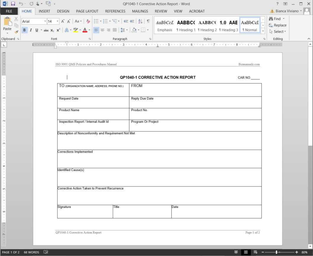 Corrective Action Report Iso Template | Qp1040 1 Regarding Non Conformance Report Form Template