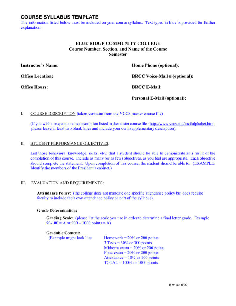 Course Syllabus Template – Blue Ridge Community College Inside Blank Syllabus Template