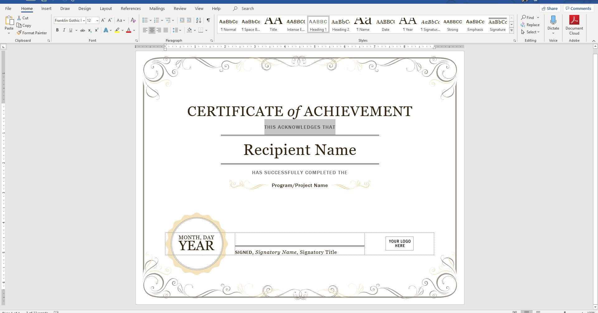 Create A Certificate Of Recognition In Microsoft Word Pertaining To Superlative Certificate Template