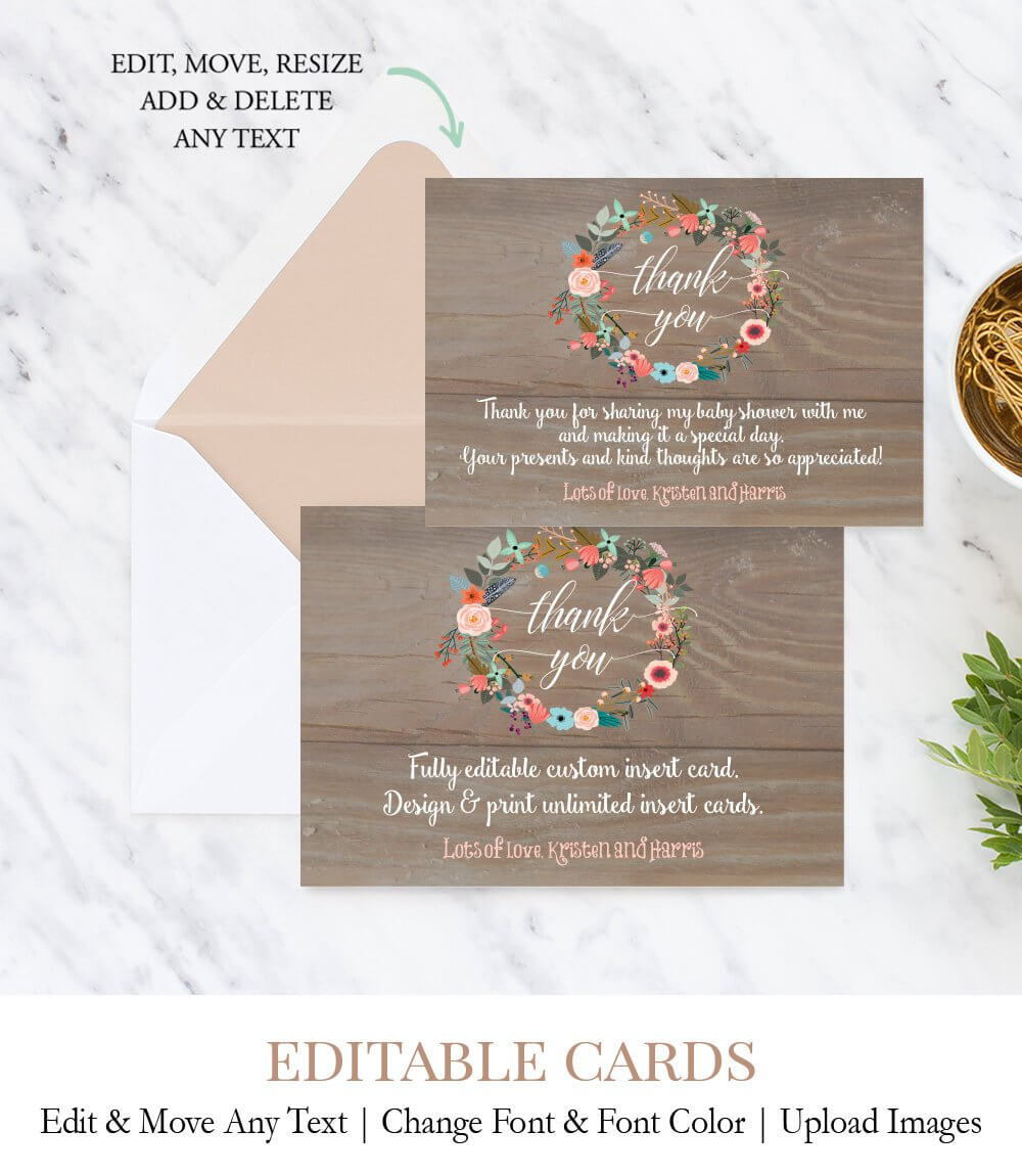 Create Unlimited Baby Shower Thank You Card, Floral Wreath Thank You Card  Template F1 Intended For Thank You Card Template For Baby Shower