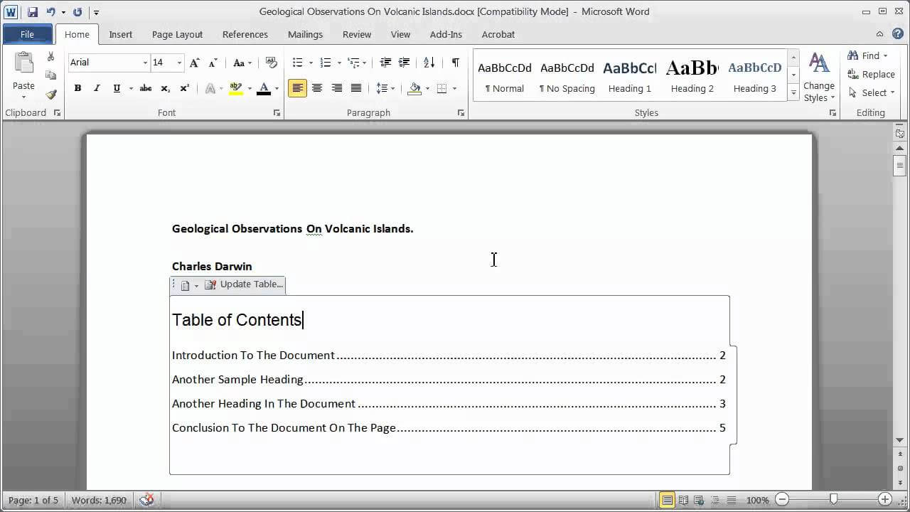 Creating A Table Of Contents In A Word Document - Part 1 Intended For Contents Page Word Template