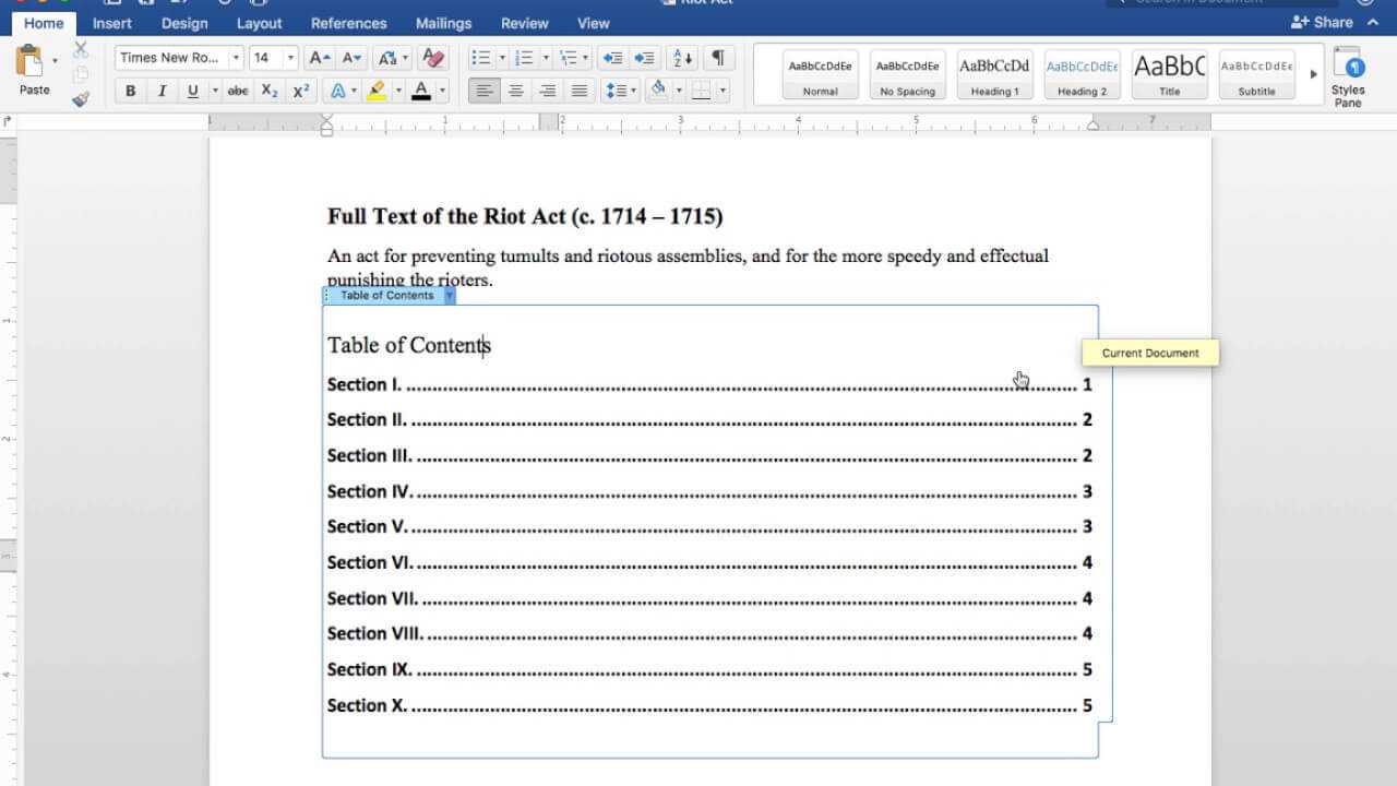 Creating A Table Of Contents In Word 2016 For Mac (See Note Below For  Headings Video Link) Intended For Word 2013 Table Of Contents Template