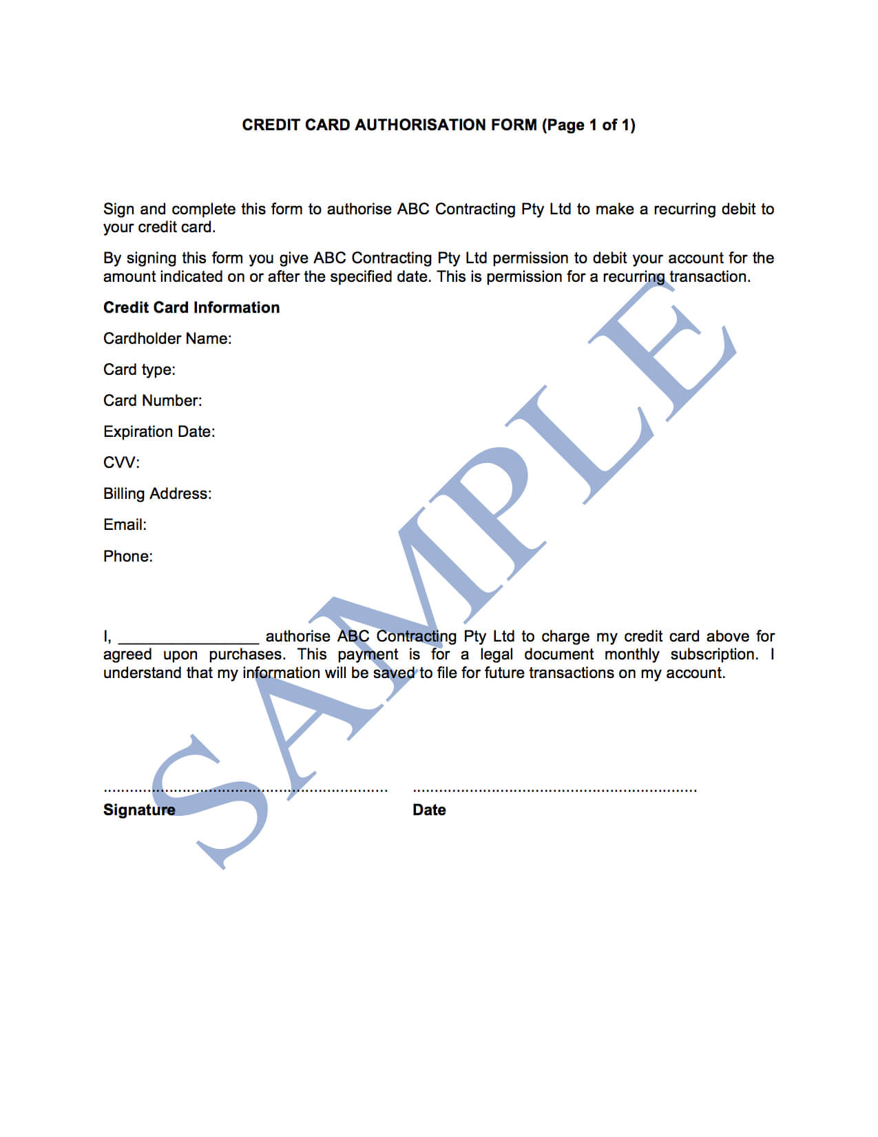 Credit Card Authorisation Form – Free Template | Sample Throughout Credit Card Authorisation Form Template Australia