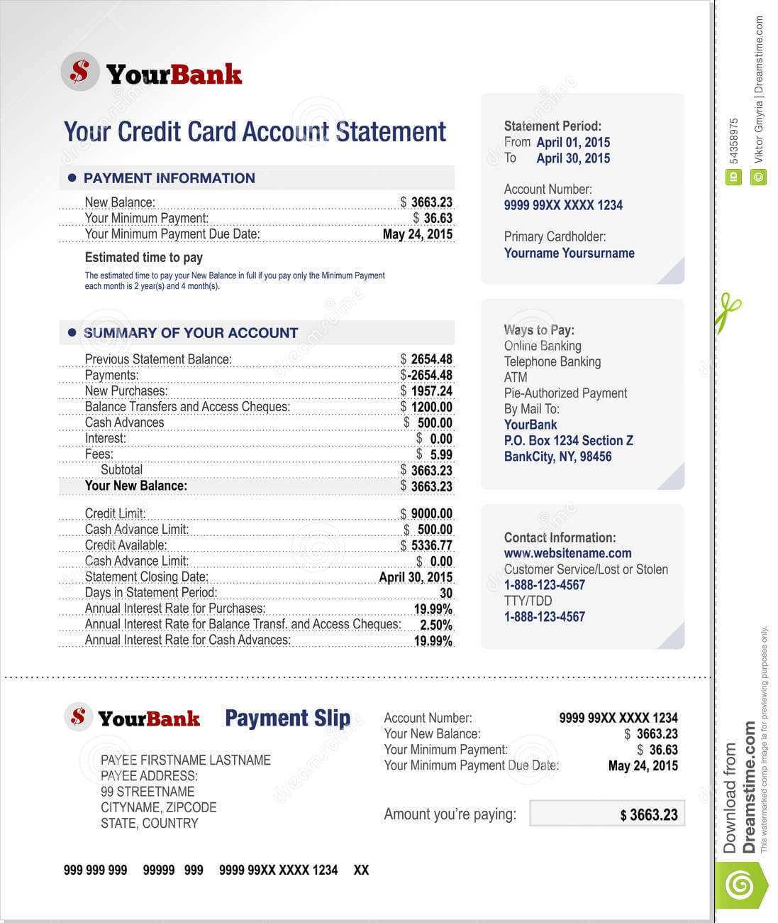 Credit Card Bank Account Statement Template Stock Vector Intended For Credit Card Statement Template