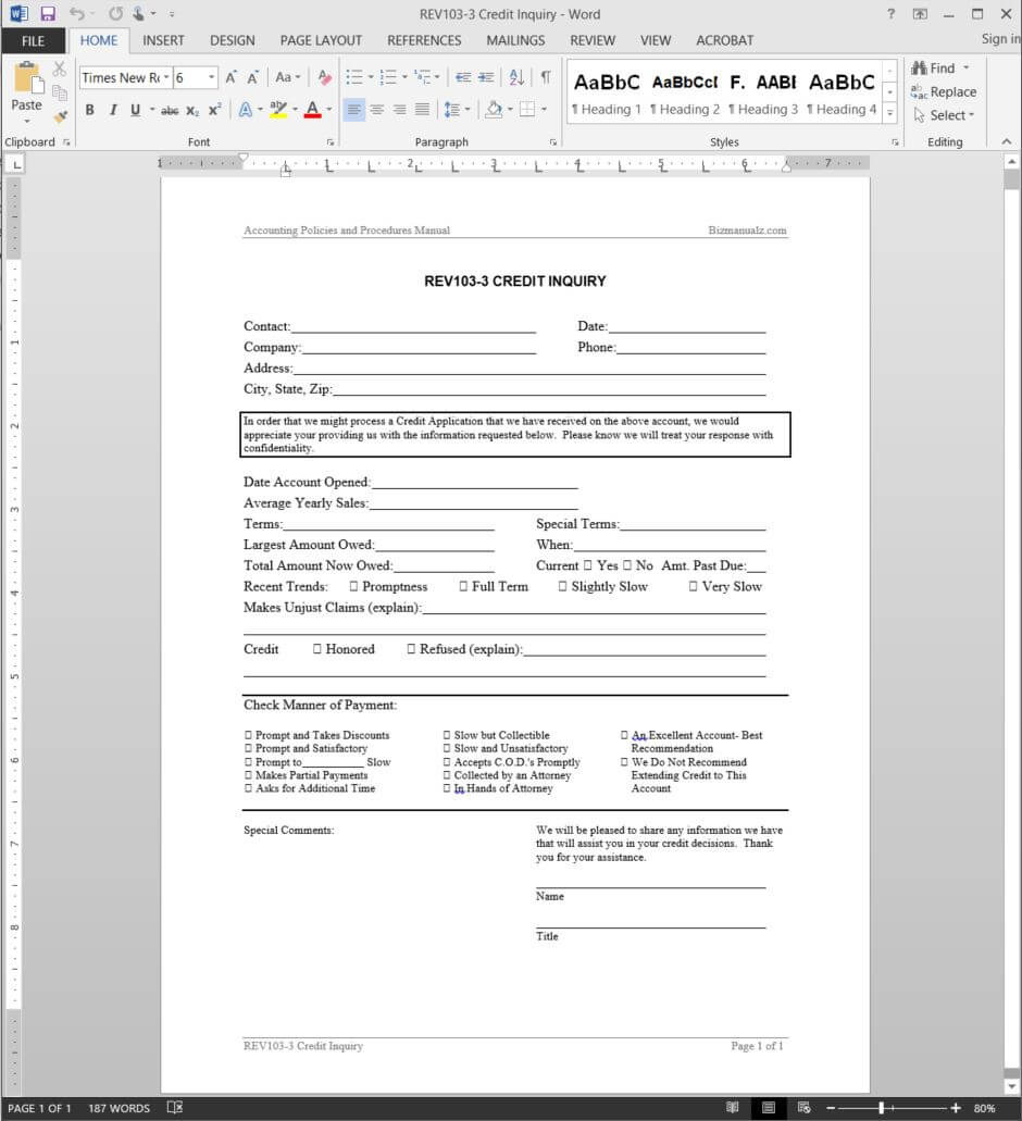 Credit Inquiry Request Template | Rev103 3 Intended For Enquiry Form Template Word