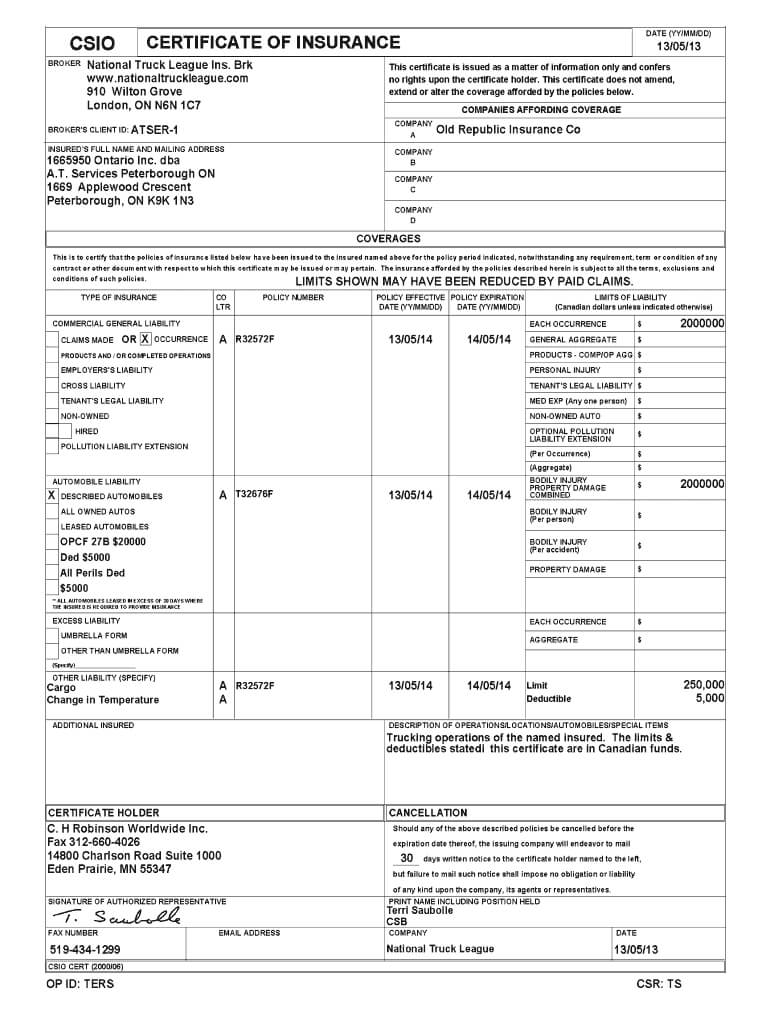 Csio Certificate Insurance Template – Fill Online, Printable With Certificate Of Insurance Template