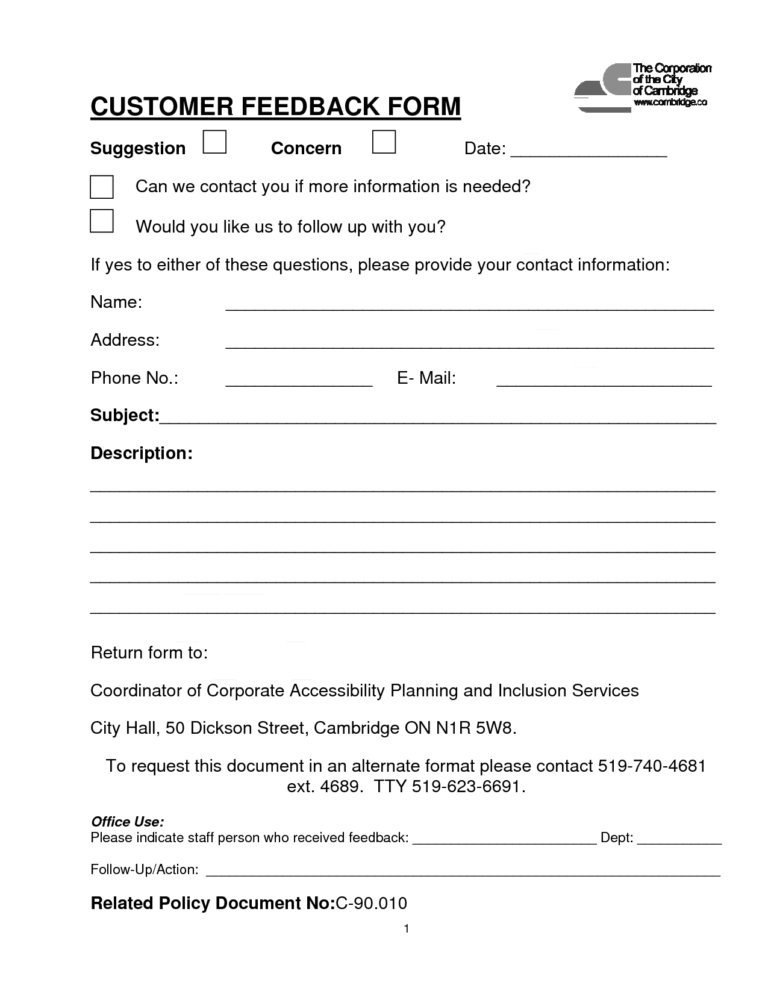 Customer Contact Form Customer Feedback Form Pdf Download With 