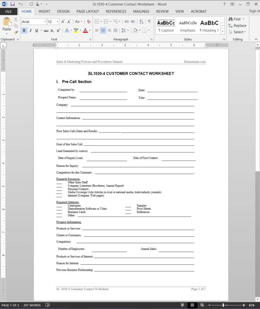 Customer Contact Worksheet Template | Sl1030 4 Throughout Customer Contact Report Template