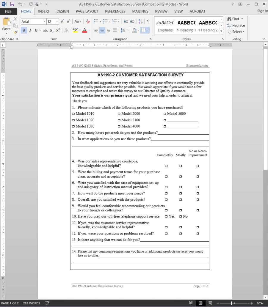 Customer Satisfaction Survey As9100 Template | As1190 2 Pertaining To Customer Satisfaction Report Template