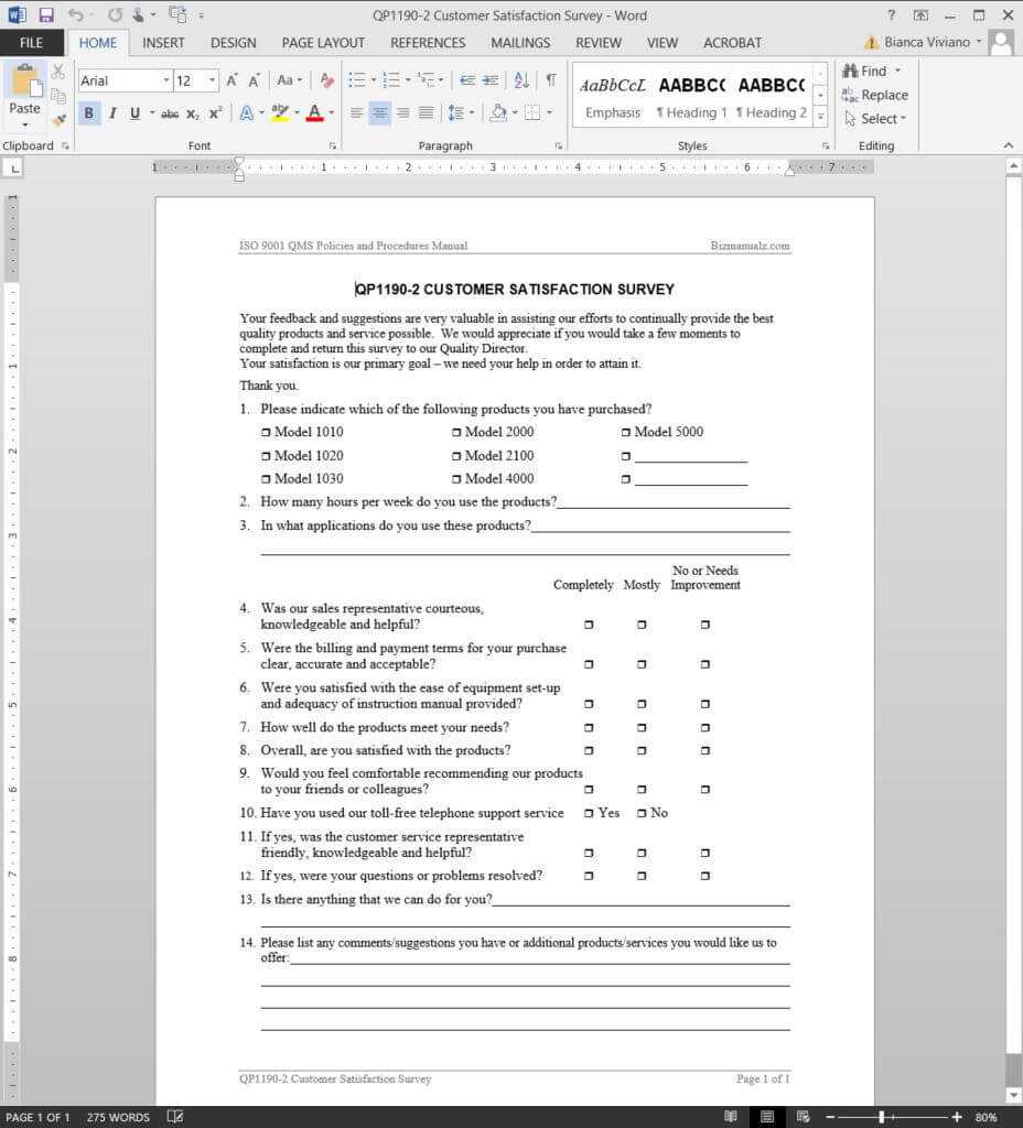 Customer Satisfaction Survey Iso Template | Qp1190 2 Within Customer Satisfaction Report Template