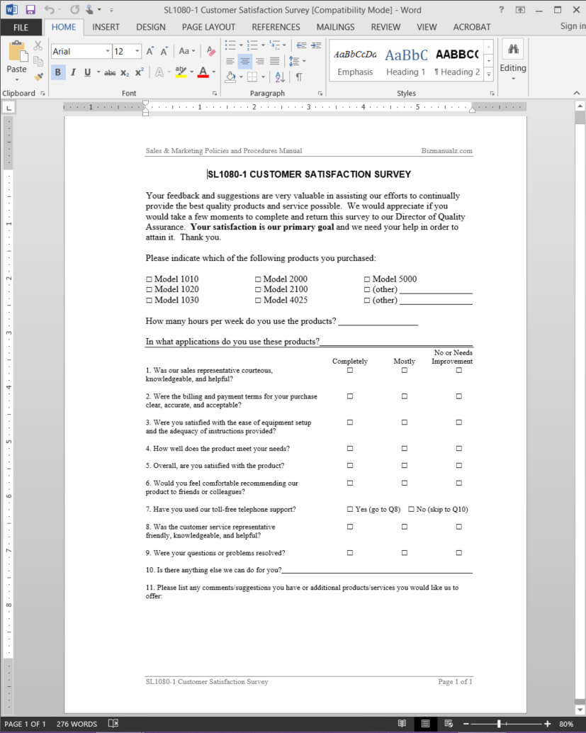 Customer Satisfaction Survey Template | Sl1080 1 Pertaining To Employee Satisfaction Survey Template Word