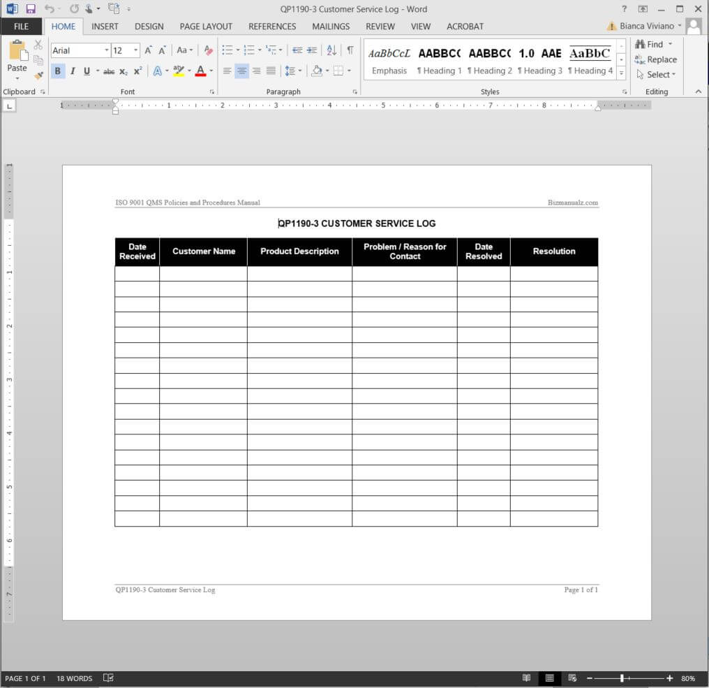 Customer Service Log Iso Template | Qp1190 3 Intended For Software Problem Report Template