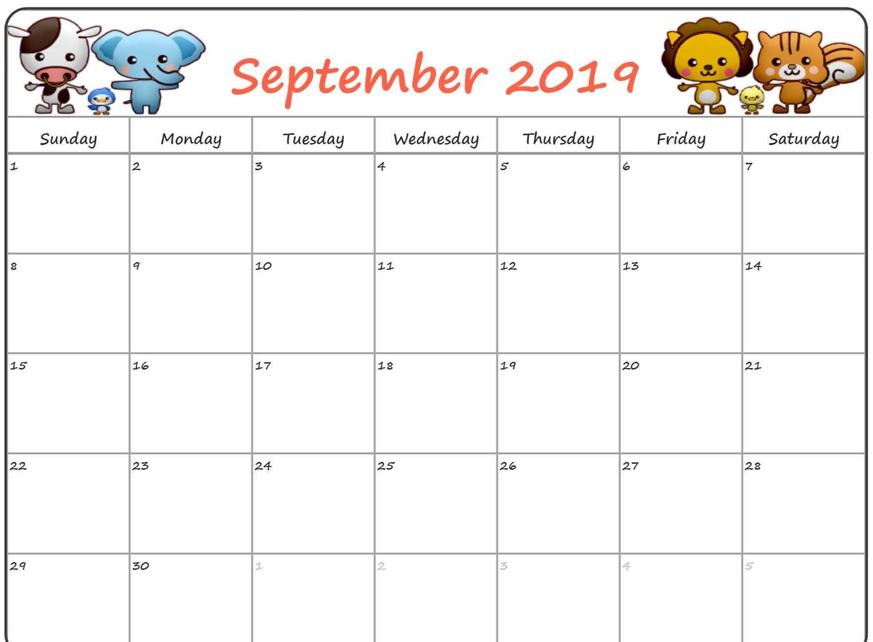 Cute September 2019 Calendar For Kids – Printable Calendar With Blank Calendar Template For Kids