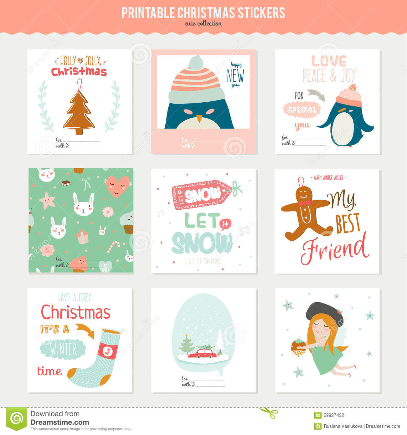 Cute Vector Christmas Cards And Stickers Stock Vector Pertaining To Christmas Note Card Templates