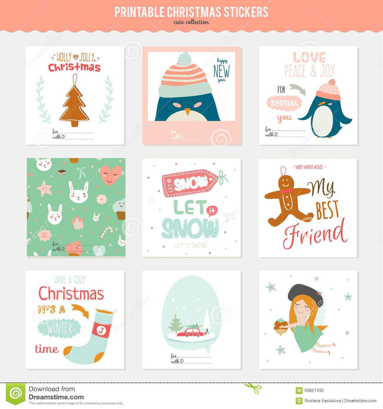 Cute Vector Christmas Cards And Stickers Stock Vector Pertaining To Christmas Note Card Templates