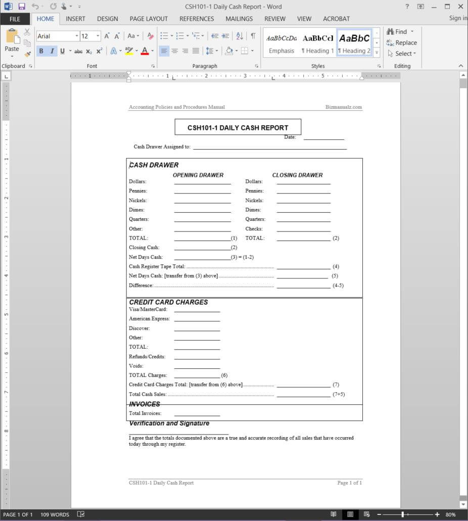 Daily Cash Report Template | Csh101 1 With Regard To End Of Day Cash Register Report Template