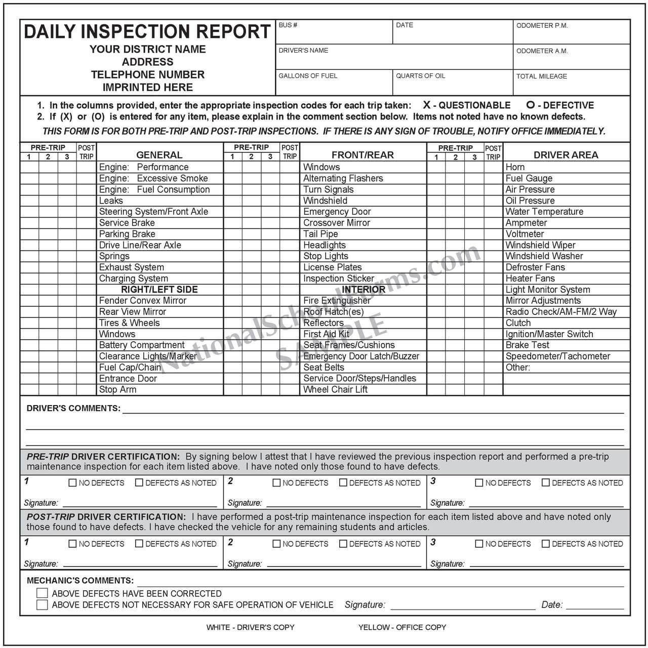 Daily Inspection Report With Pre And Post Trip | Vehicle For Daily Inspection Report Template