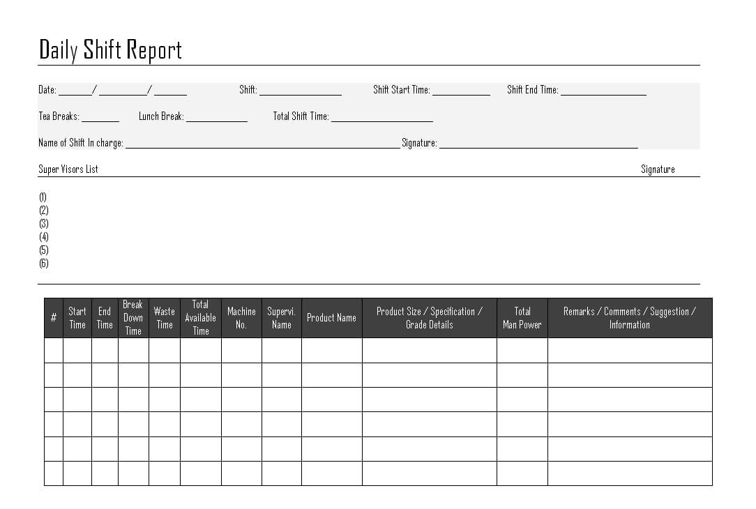 Daily Shift Report - For Shift Report Template