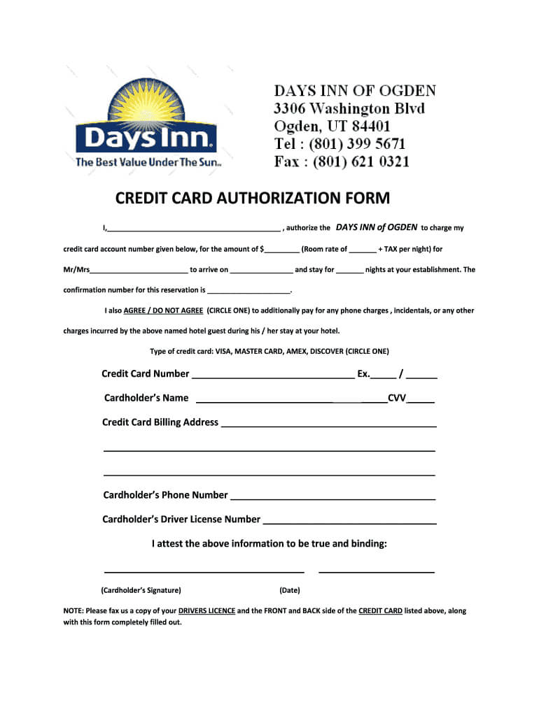 Days Inn Montrose Colorado Credit Card Authorization – Fill Throughout Hotel Credit Card Authorization Form Template