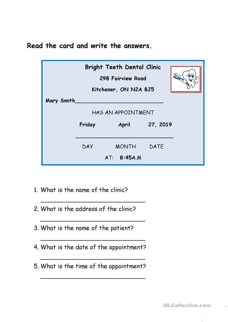 Dentist Appointment Card – English Esl Worksheets Pertaining To Dentist Appointment Card Template
