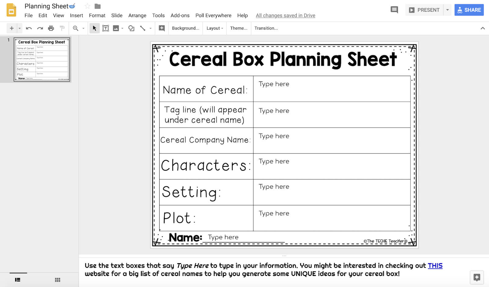 Design A Cereal Box In Google Drawing: Book Report Idea In Cereal Box Book Report Template