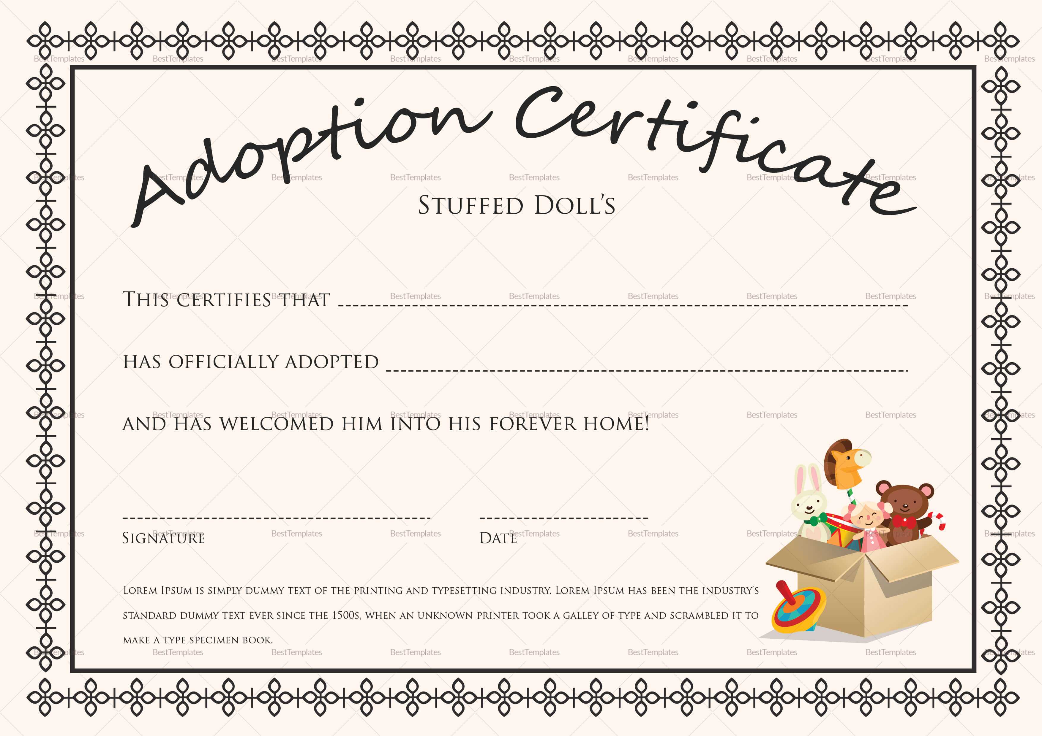 Doll Adoption Certificate Template Pertaining To Adoption Certificate Template