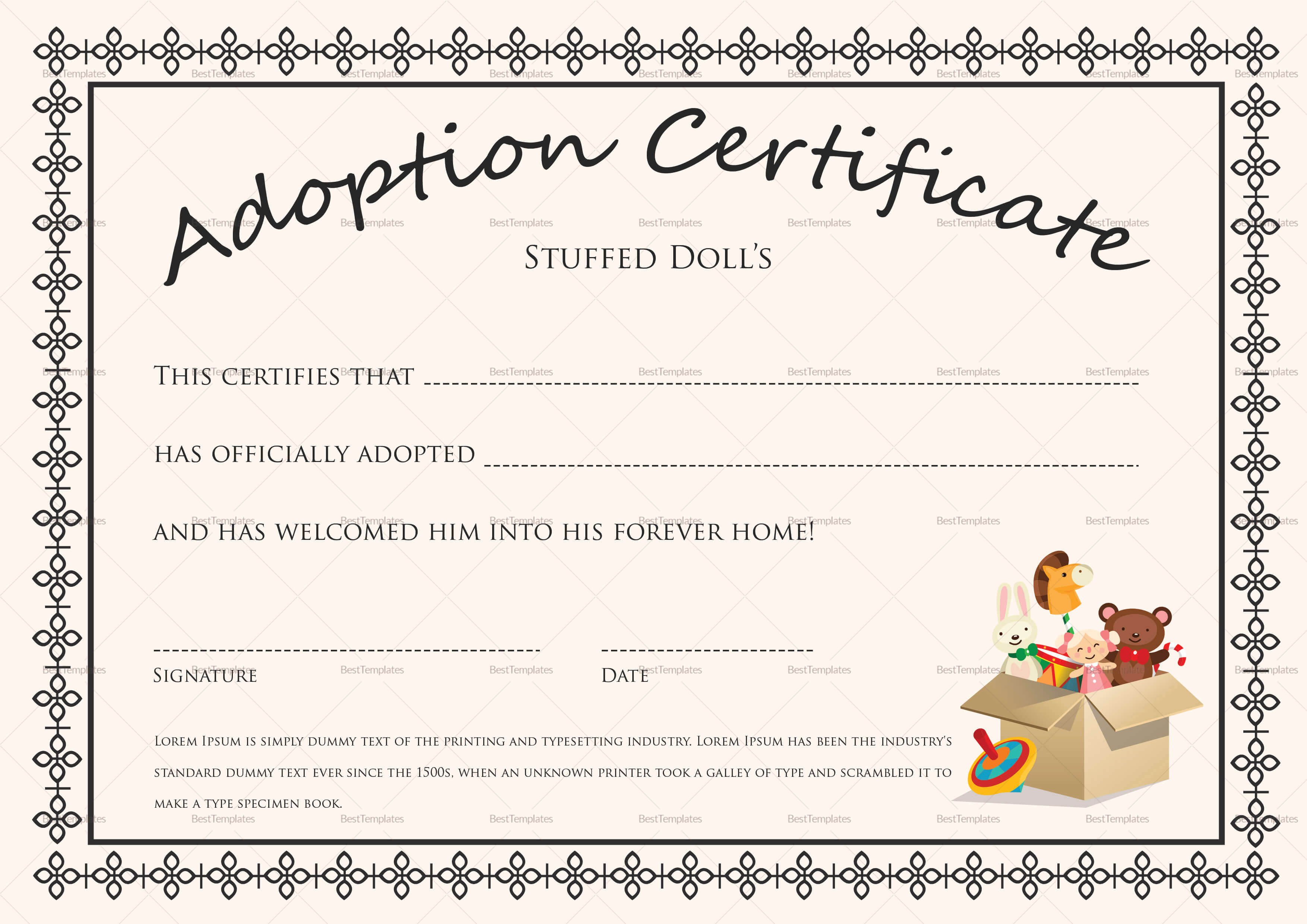 Doll Adoption Certificate Template Throughout Blank Adoption Certificate Template