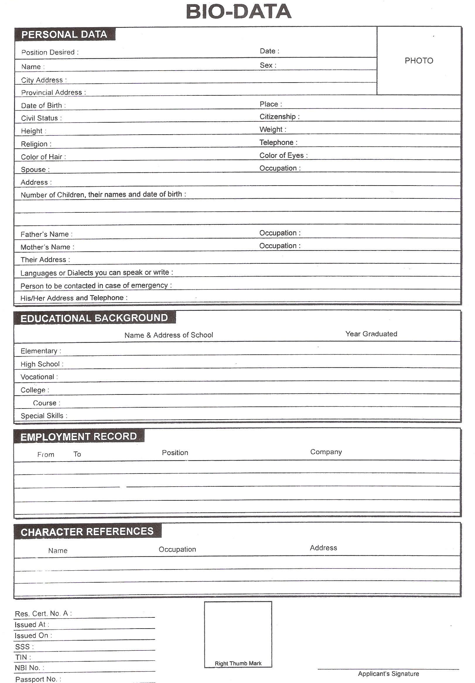 Download Free Blank Resume Forms Pdf | Biodata Format Intended For Free Bio Template Fill In Blank