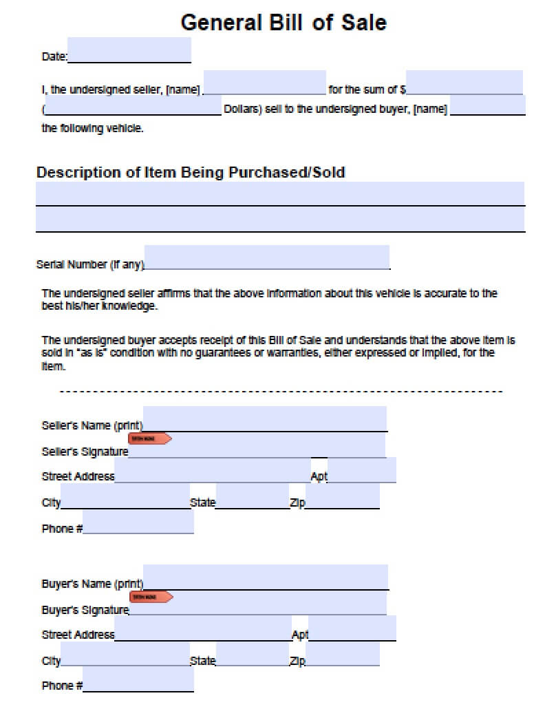 Download General Blank Bill Of Sale Form | Pdf | Word For Vehicle Bill Of Sale Template Word
