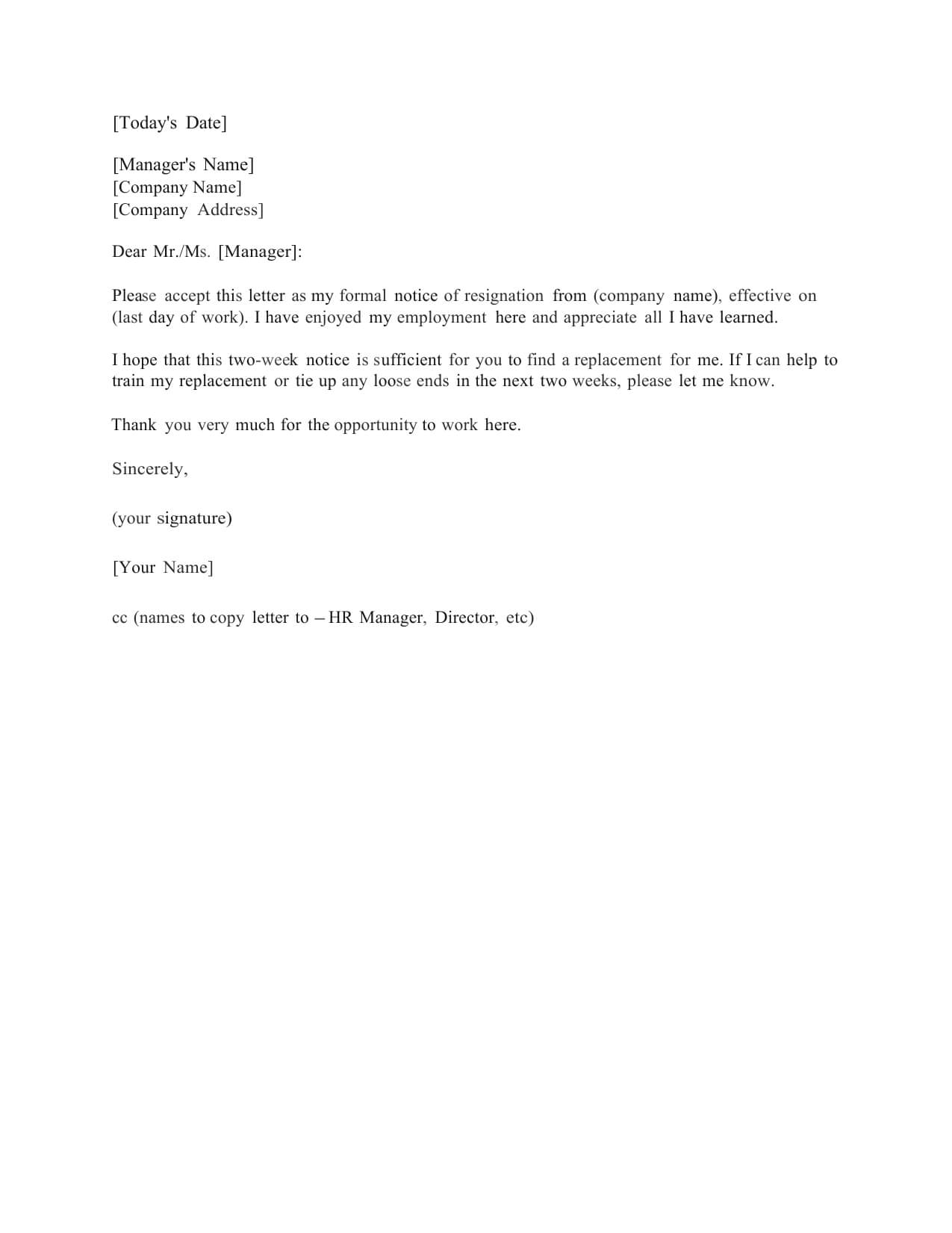 Two Weeks Notice Letter Template Free