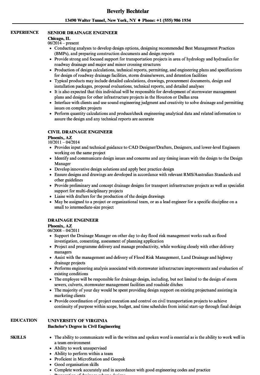 Drainage Engineer Resume Samples | Velvet Jobs Within Drainage Report Template