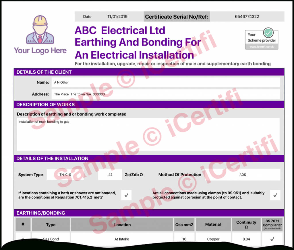 Earthing And Bonding Electrical Certificate From Icertifi Intended For Electrical Isolation Certificate Template