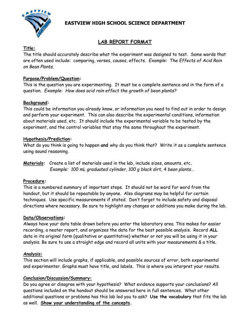 Eastview High School Science Department Lab Report Format For Science Lab Report Template